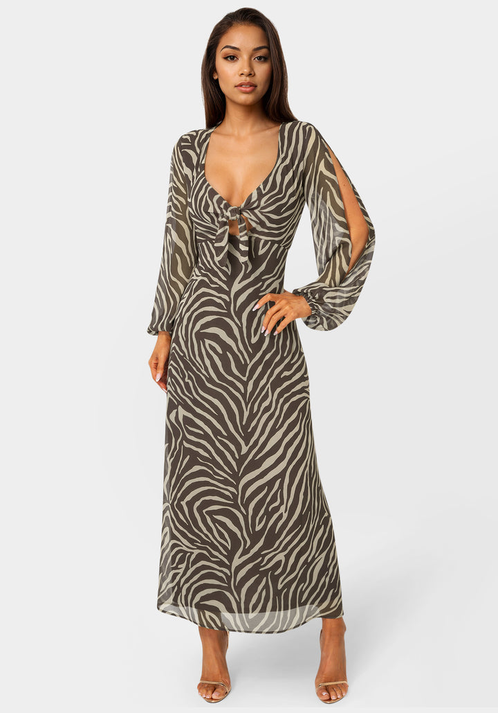 Front View-Printed Chiffon Tie Front Maxi Dress-CHOCOLATE