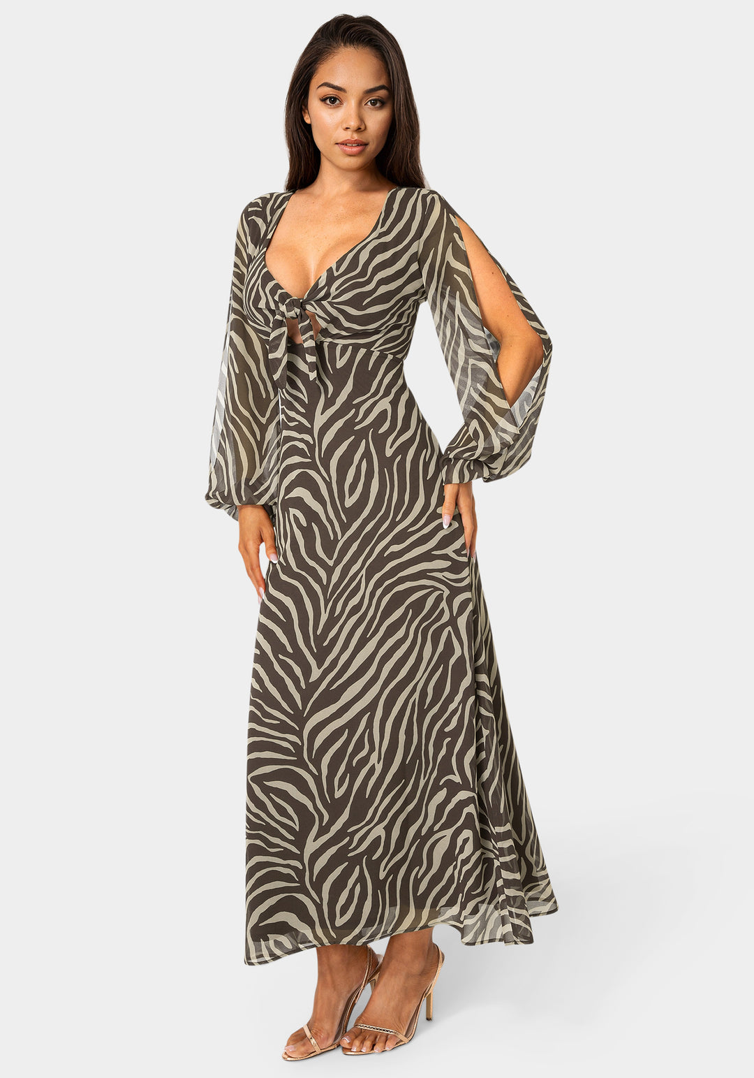 Side View-Printed Chiffon Tie Front Maxi Dress-CHOCOLATE