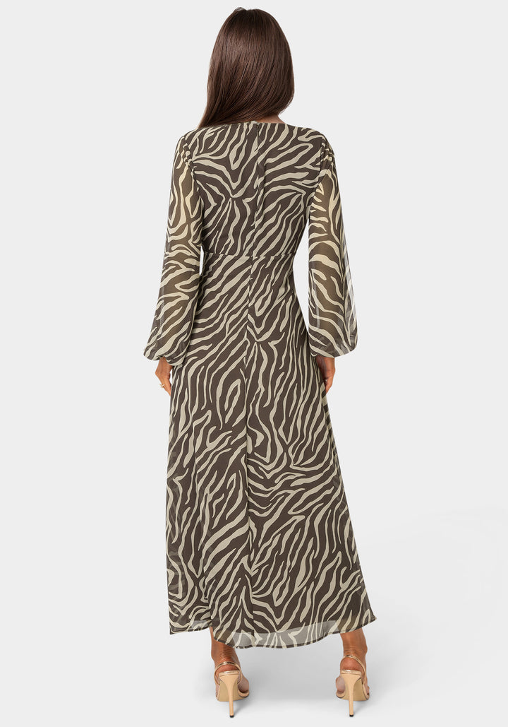 Back View-Printed Chiffon Tie Front Maxi Dress-CHOCOLATE