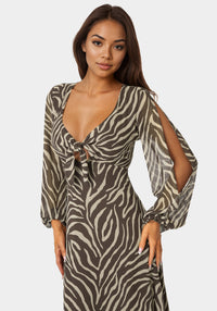 Other View-Printed Chiffon Tie Front Maxi Dress-CHOCOLATE