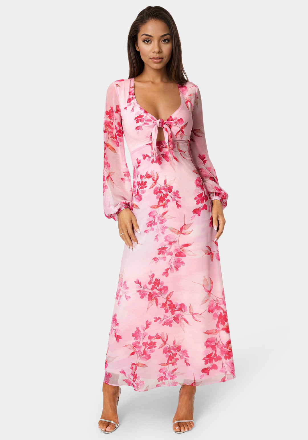 Bebe Women's Printed Chiffon Tie Front Maxi Dress, Pink, XL Bebe Women's Printed Chiffon Tie Front Maxi Dress, Pink, XL