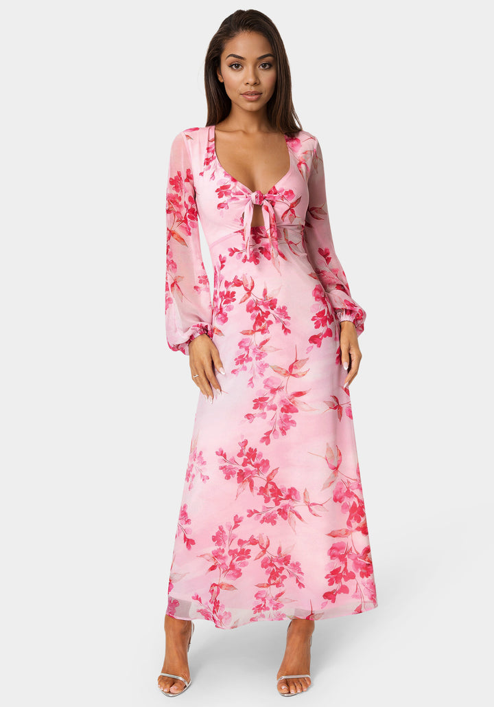 Front View-Printed Chiffon Tie Front Maxi Dress-PINK/MULTI