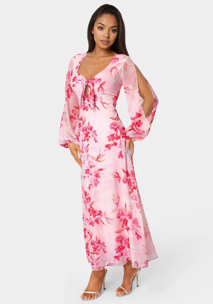 Side View-Printed Chiffon Tie Front Maxi Dress-PINK/MULTI