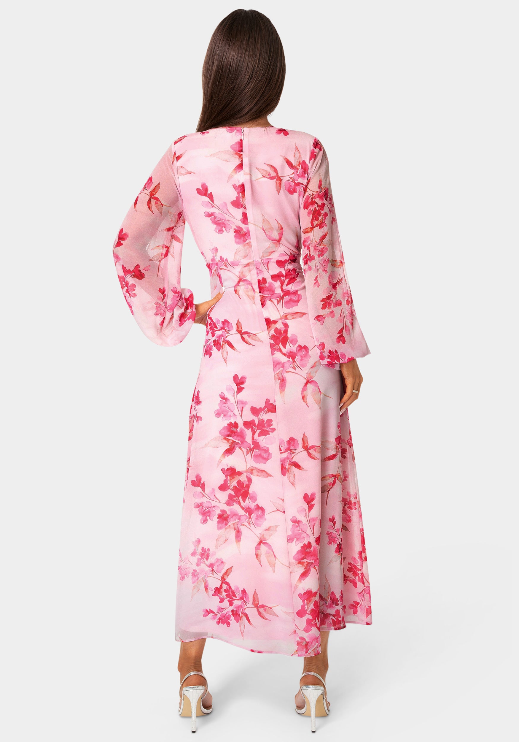 Back View-Printed Chiffon Tie Front Maxi Dress-PINK/MULTI