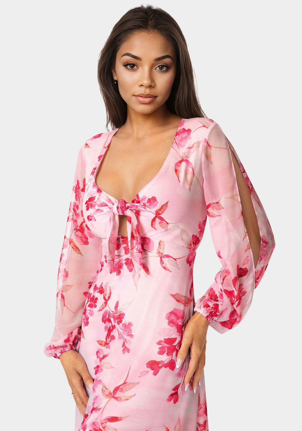 Printed Chiffon Tie Front Maxi Dress – bebe