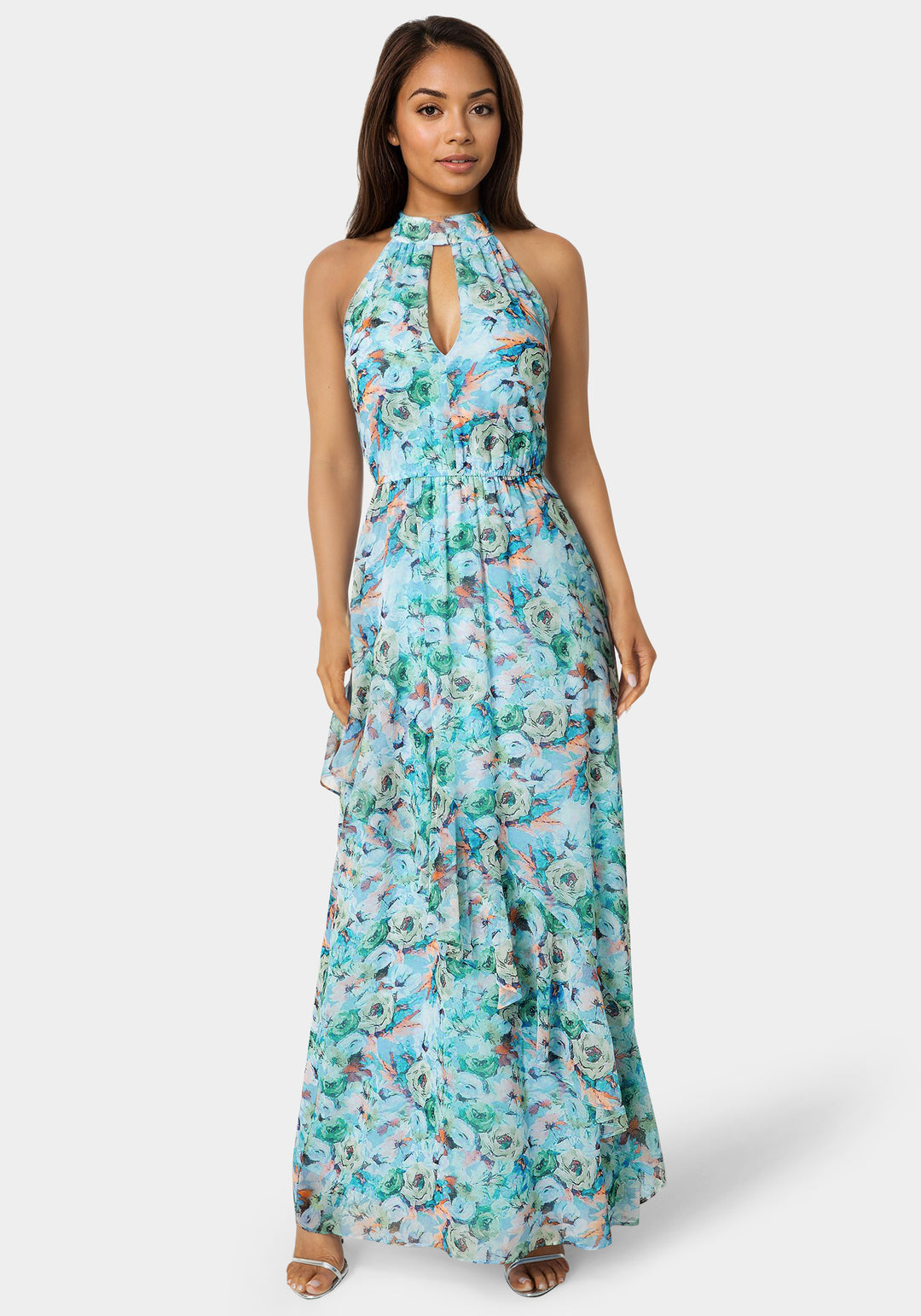 Front View-Printed Chiffon Halter Ruffle Dress-Blue Floral