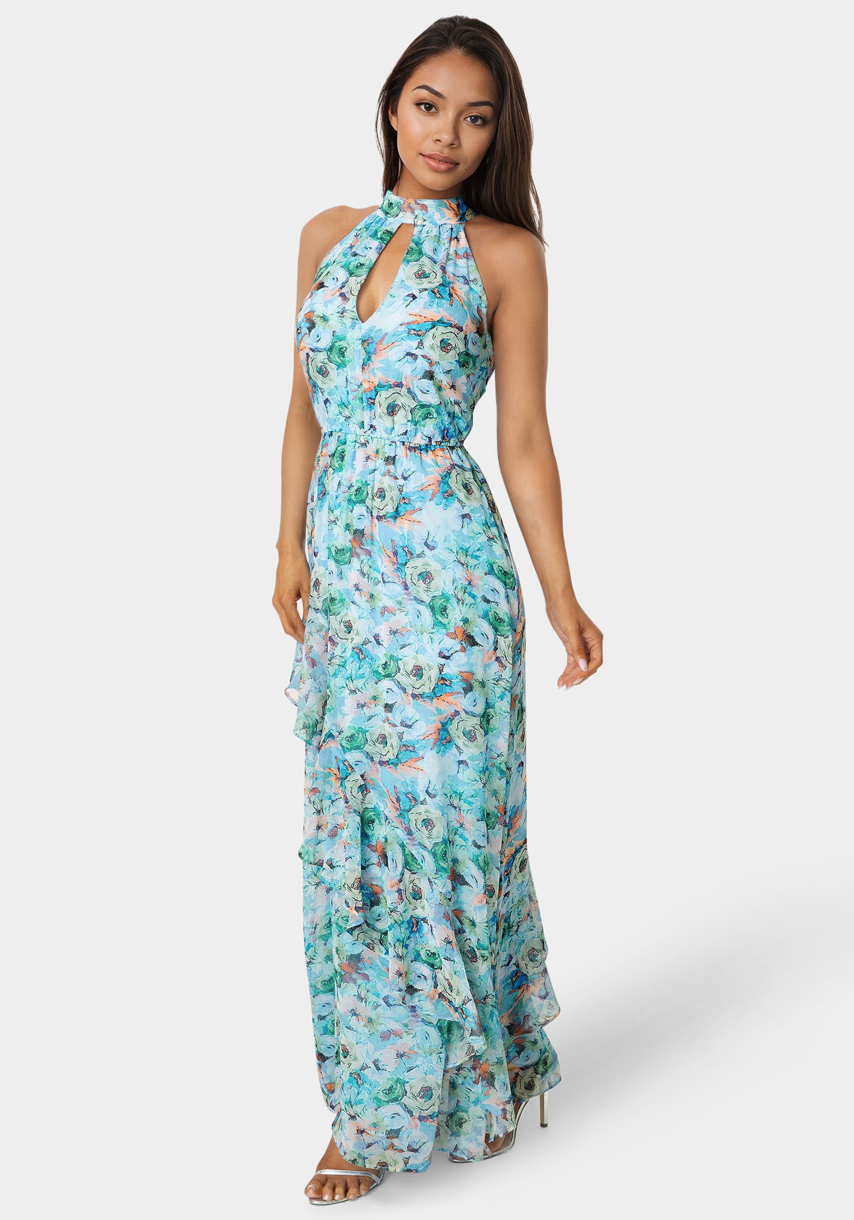 floral chiffon halter dress Karen Millen Chiffon Floral Print Halter Neck Woven Maxi Dress in Sage