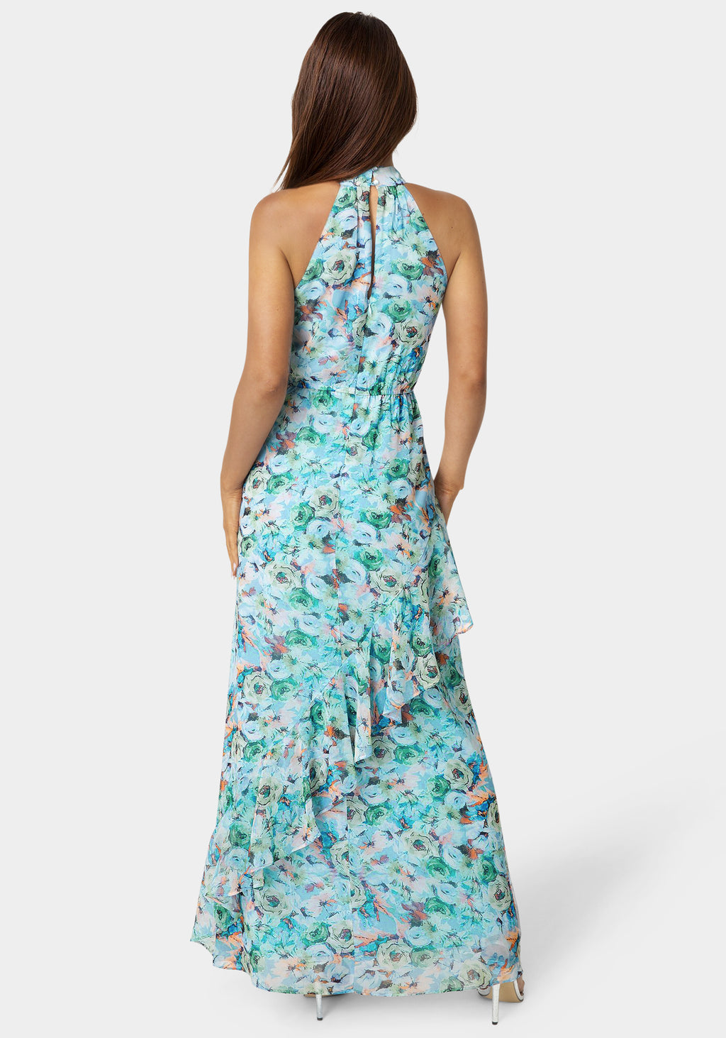 Back View-Printed Chiffon Halter Ruffle Dress-Blue Floral