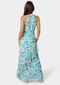 Back View-Printed Chiffon Halter Ruffle Dress-Blue Floral