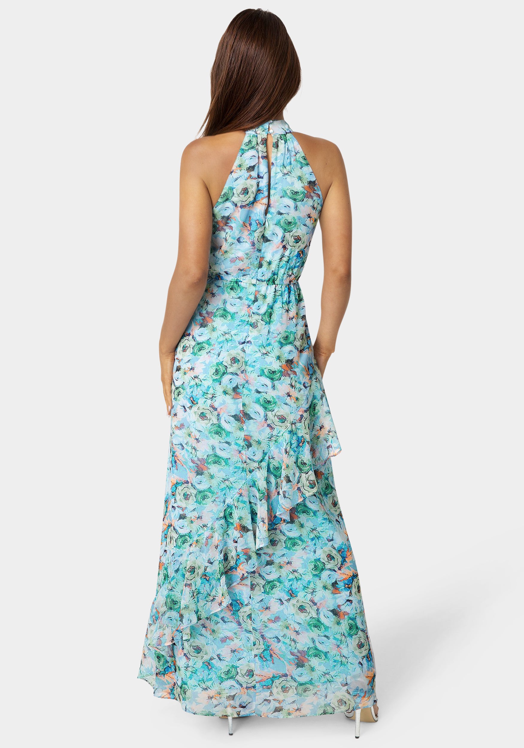 Back View-Printed Chiffon Halter Ruffle Dress-Blue Floral