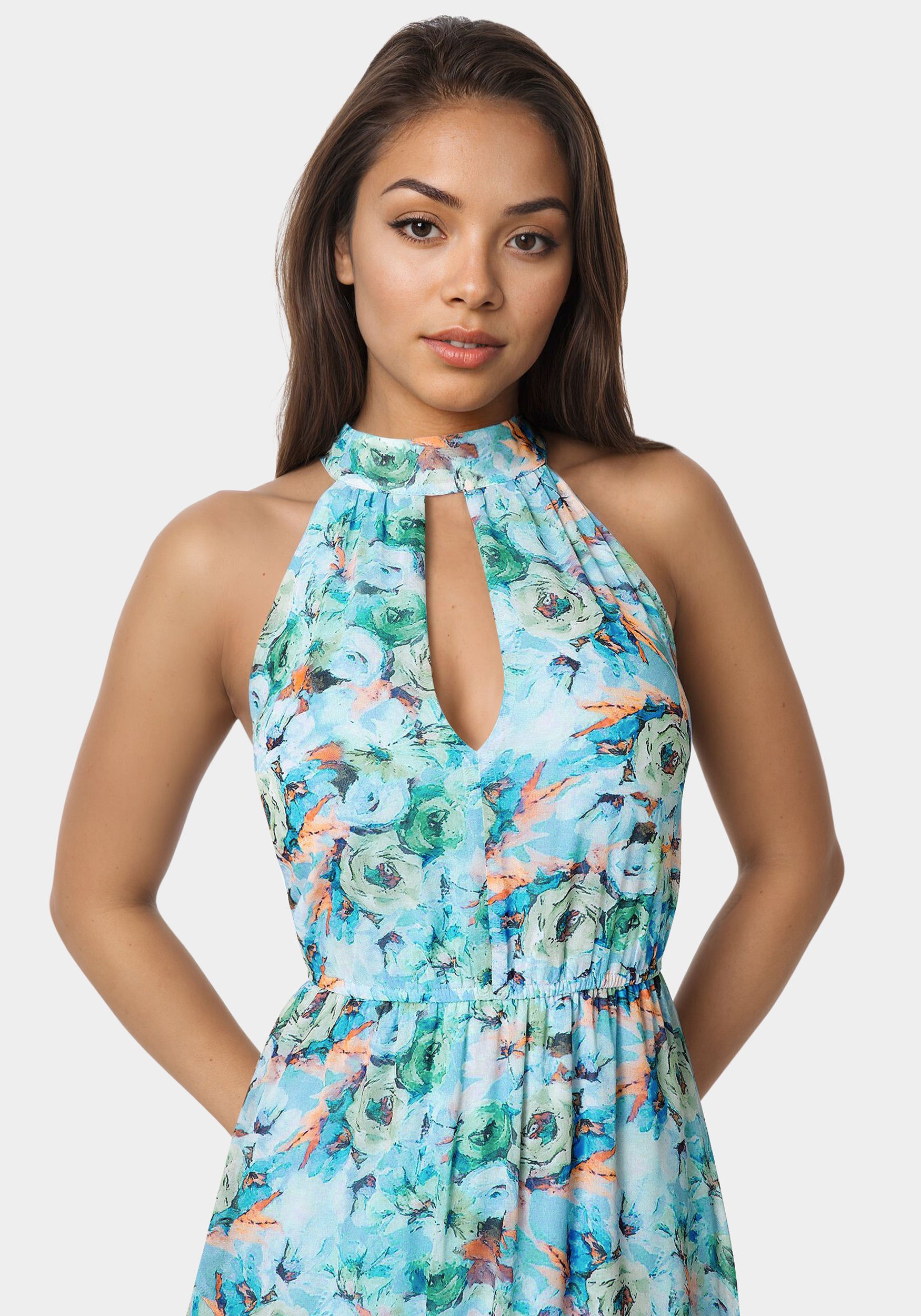 Other View-Printed Chiffon Halter Ruffle Dress-Blue Floral