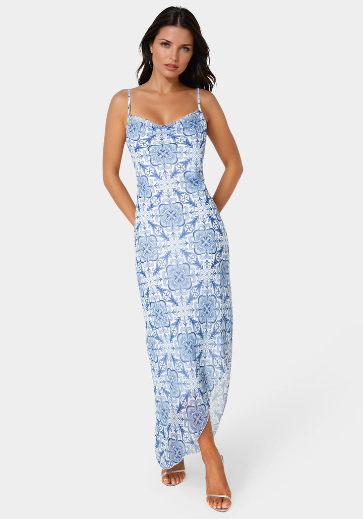 Front View-Printed Chiffon Cowl Assy Maxi Dress-BLUE/WHITE