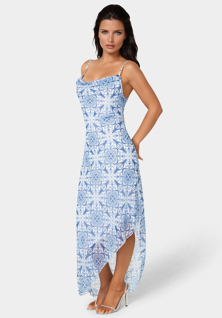 Side View-Printed Chiffon Cowl Assy Maxi Dress-BLUE/WHITE