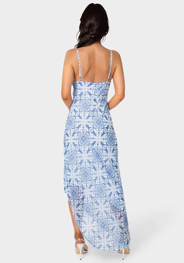 Back View-Printed Chiffon Cowl Assy Maxi Dress-BLUE/WHITE