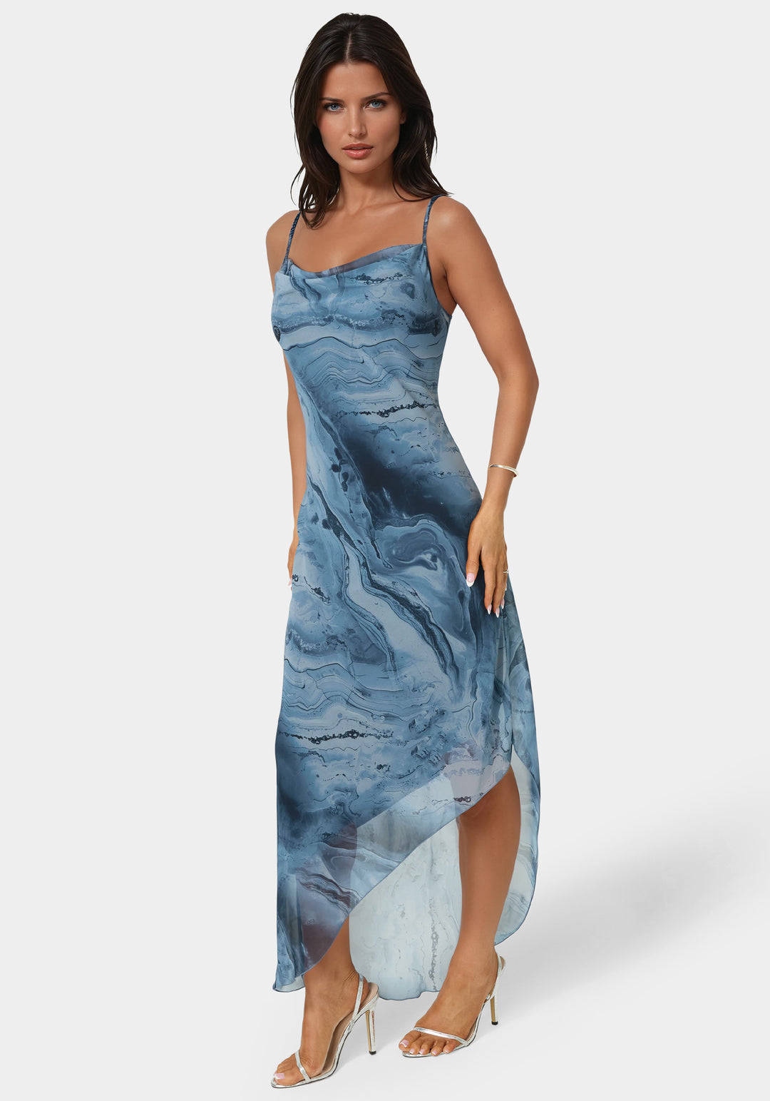 Printed Chiffon Cowl Asymmetrical Maxi Dress bebe Printed Chiffon Cowl Asymmetrical Maxi Dress bebe