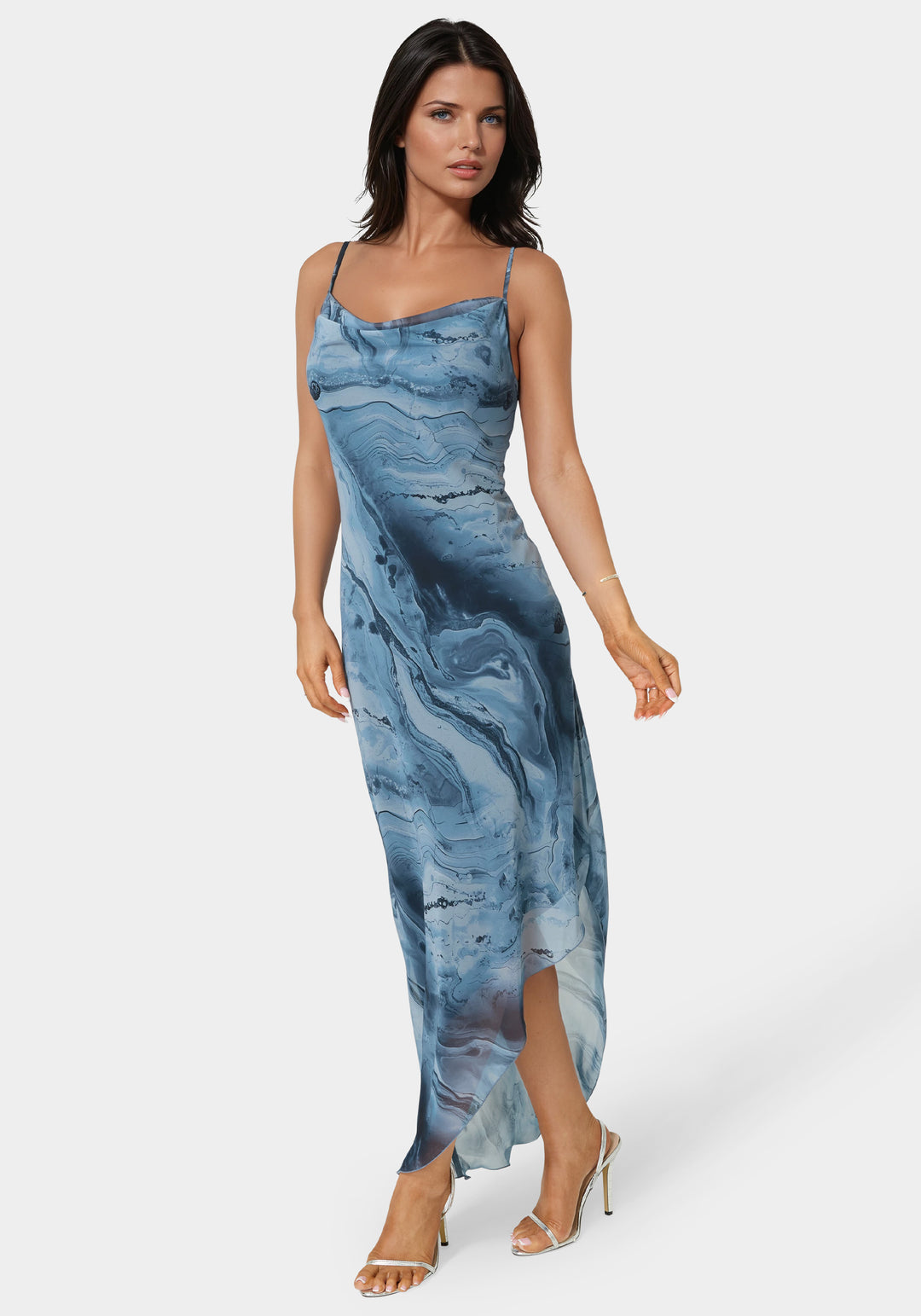 Printed Chiffon Cowl Asymmetrical Maxi Dress bebe Printed Chiffon Cowl Asymmetrical Maxi Dress bebe