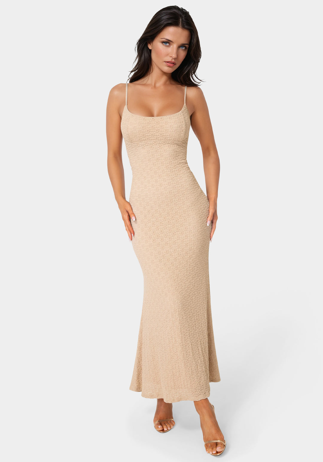 Front View-Floral Lace Bodycon Maxi Dress-SAND
