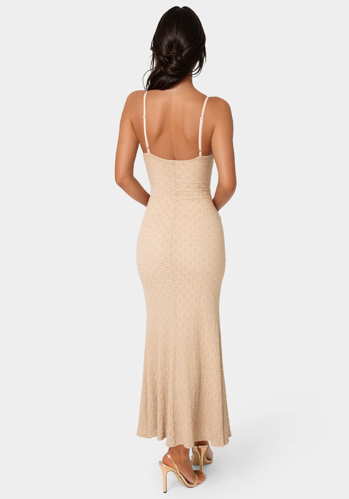 Back View-Floral Lace Bodycon Maxi Dress-SAND