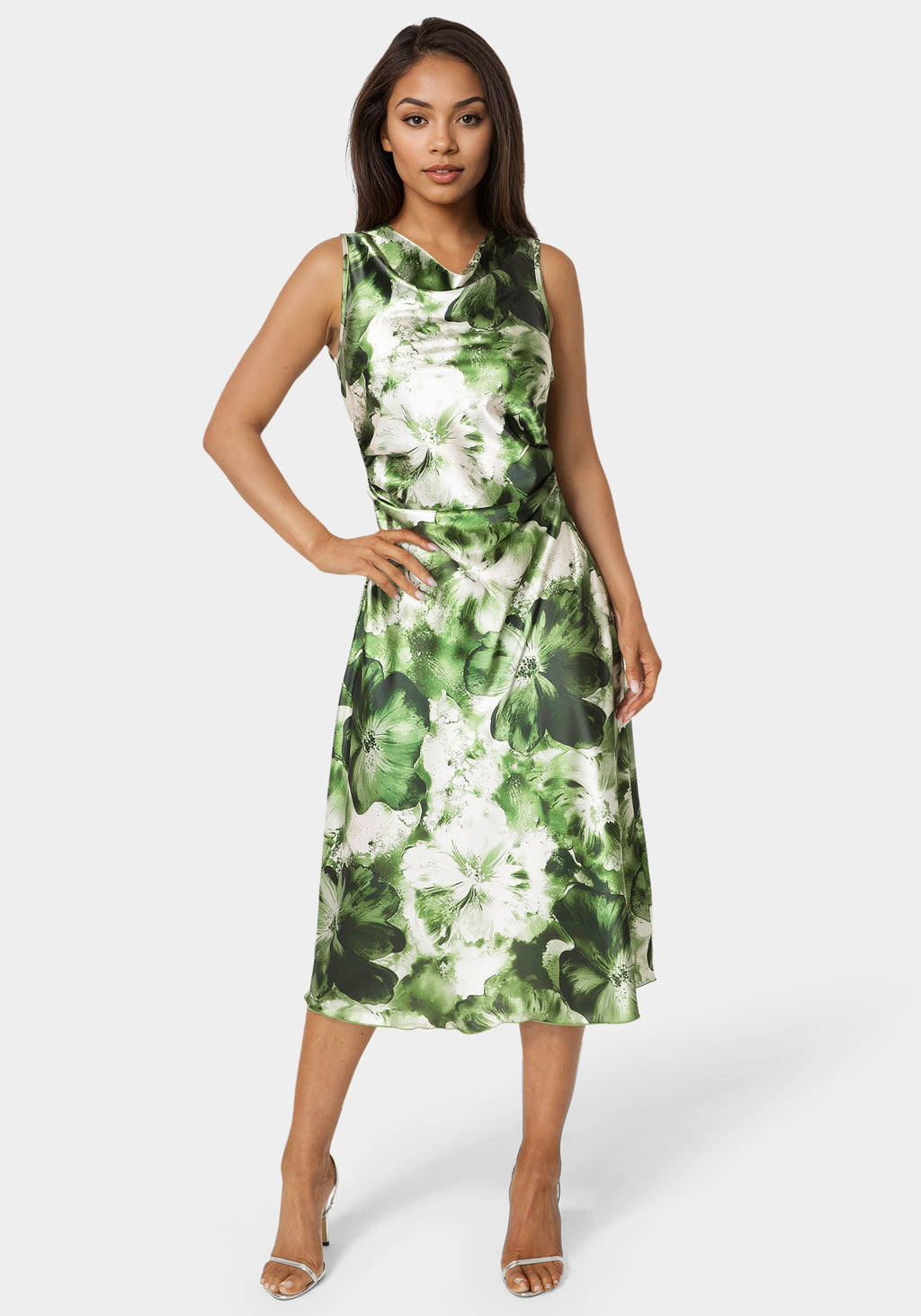 Front View-Printed Satin Cowl Maxi Dress-Olive/Multi