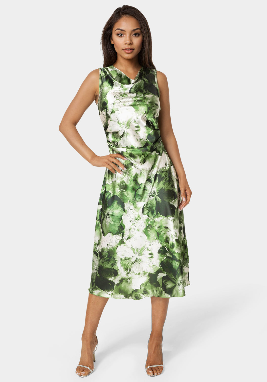 Front View-Printed Satin Cowl Maxi Dress-Olive/Multi