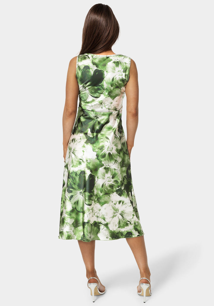 Back View-Printed Satin Cowl Maxi Dress-Olive/Multi