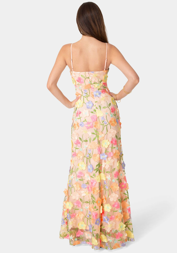 Back View-Floral Embroidery Bodycon Maxi Dress-Nude/Multi