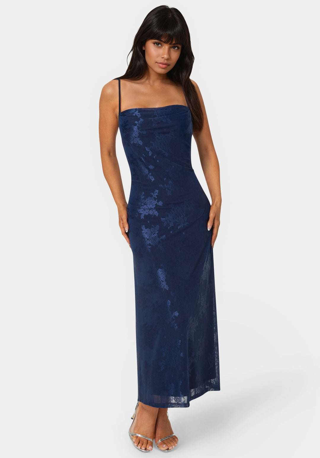 Front View-Jacquard Mesh Cowl A-Line Maxi Dress-NAVY