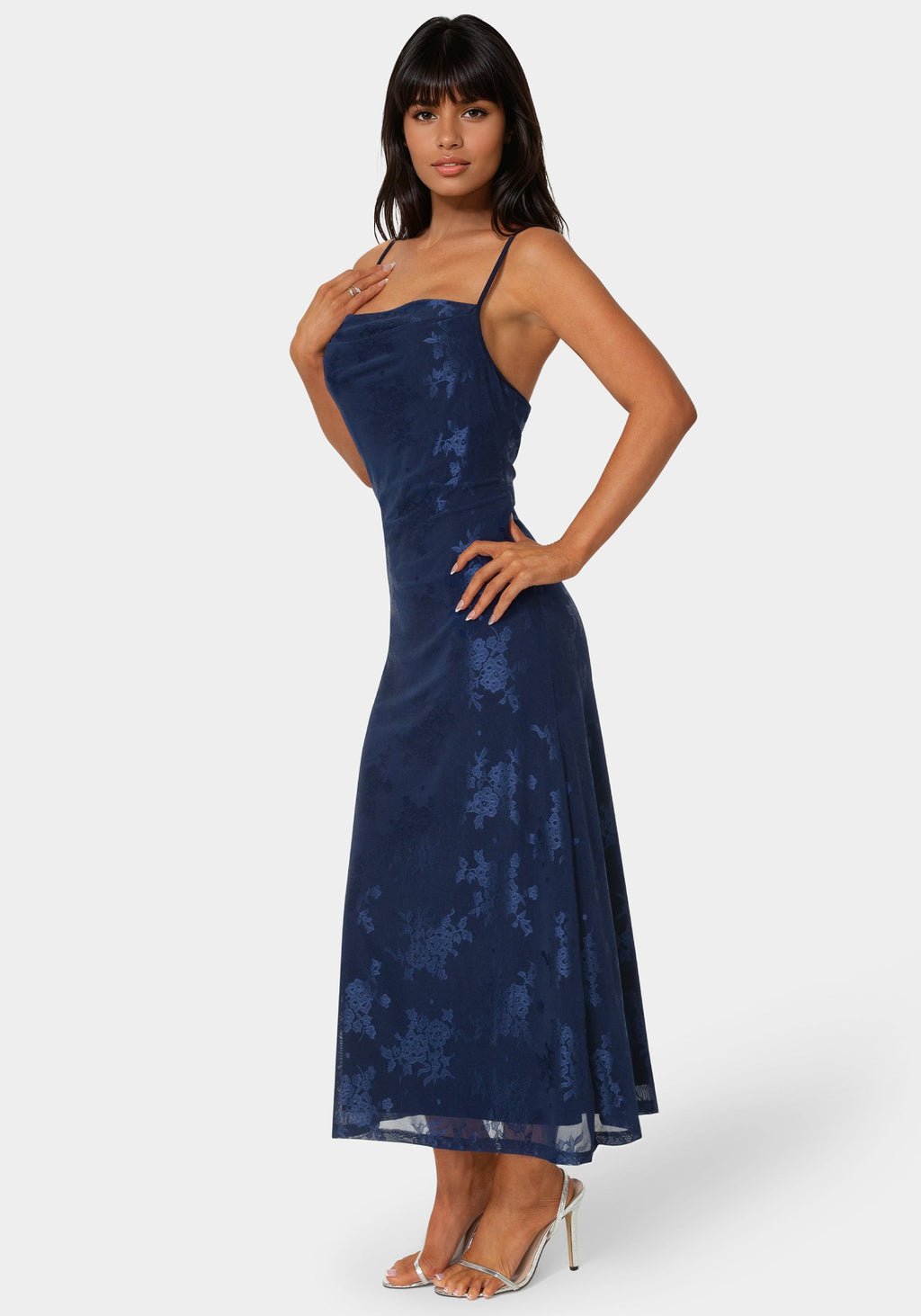 Side View-Jacquard Mesh Cowl A-Line Maxi Dress-NAVY