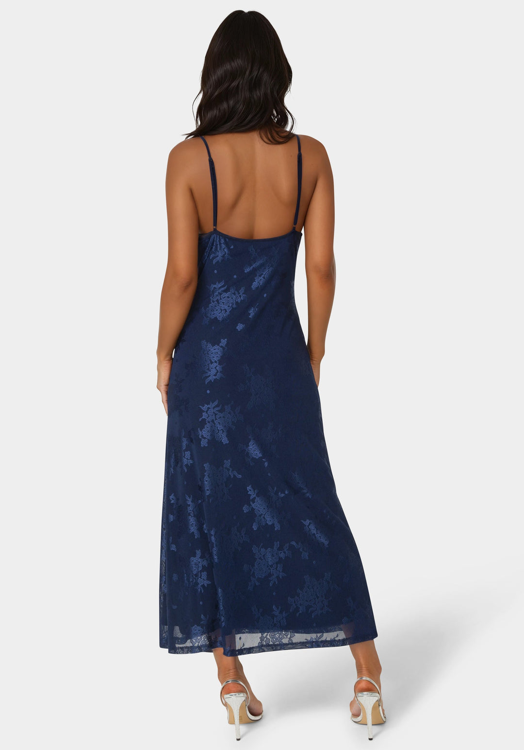 Back View-Jacquard Mesh Cowl A-Line Maxi Dress-NAVY