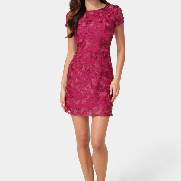 Front View-Soutache Short Sleeve Dress-Fuchsia