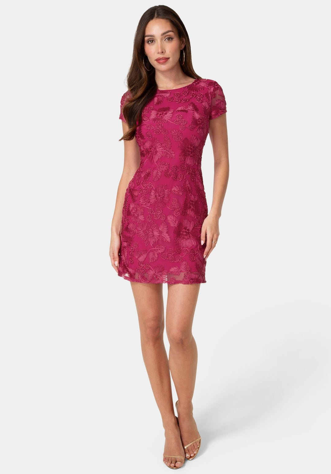 Front View-Soutache Short Sleeve Dress-Fuchsia