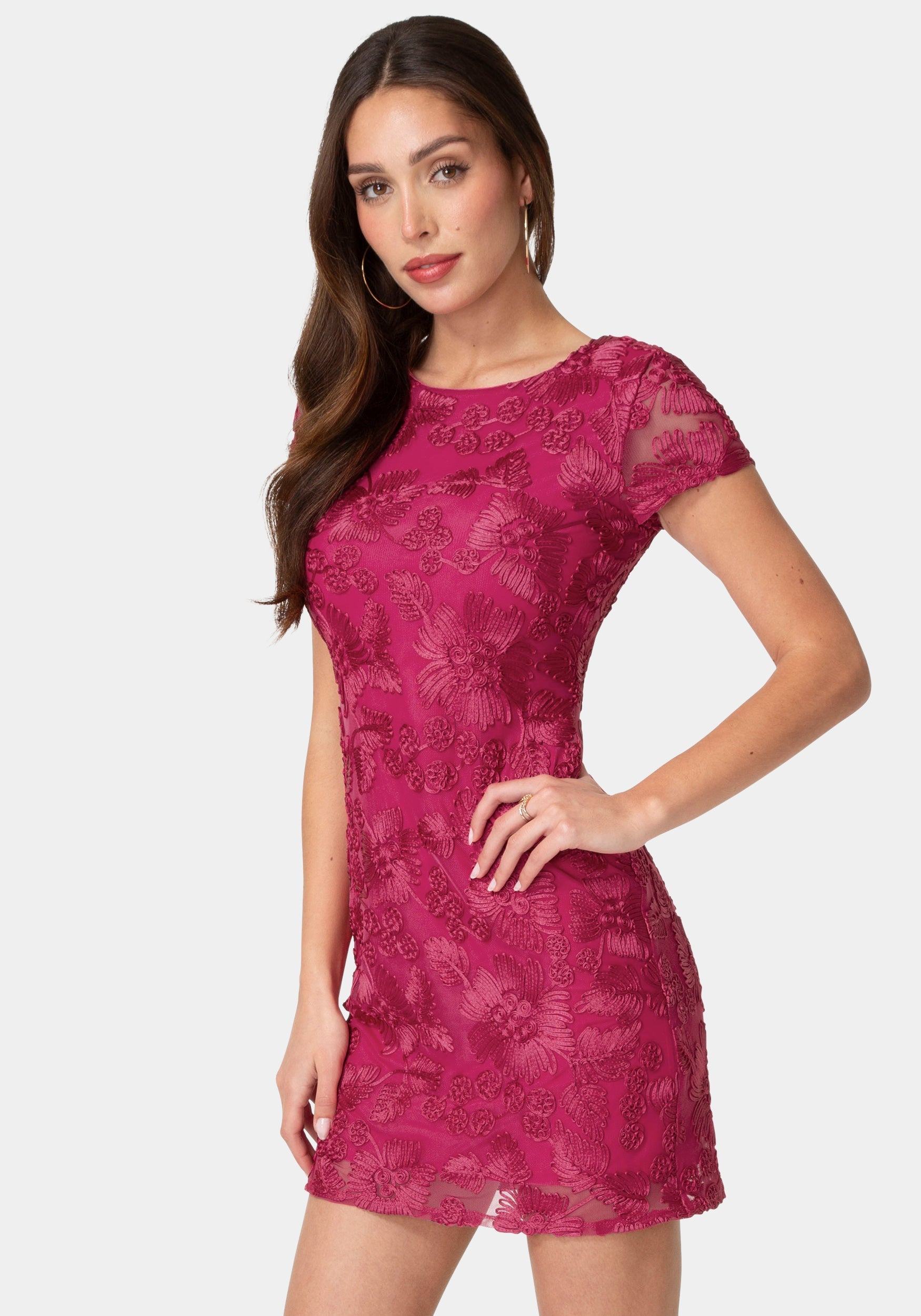 short sleeve dress bodycon Bebe Women's Soutache Short Sleeve Dress, Size XL in Pink Spandex