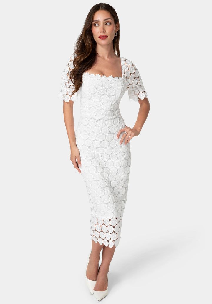 Front View-Eyelet Elbow Sleeve Midi Dress-Ivory