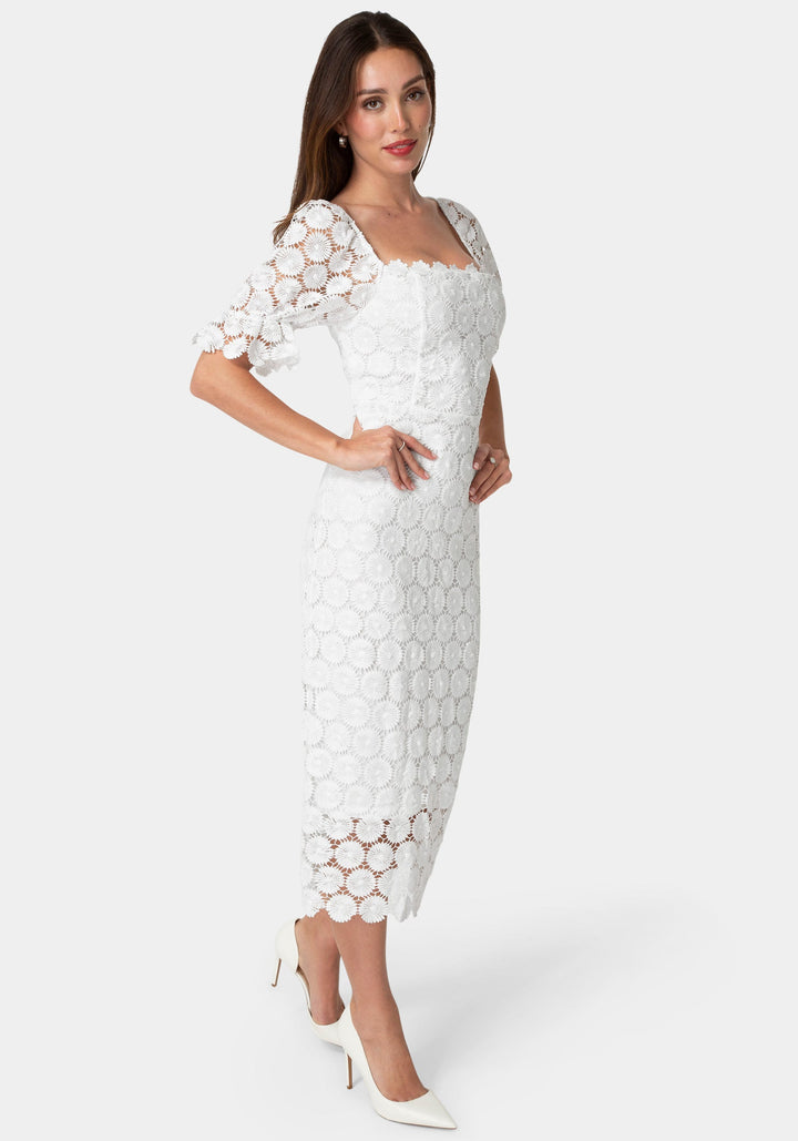 Bebe Women's Eyelet Elbow Sleeve Midi Dress, Size Medium in Beige Polyester Bebe Women's Eyelet Elbow Sleeve Midi Dress, Size Medium in Beige Polyester