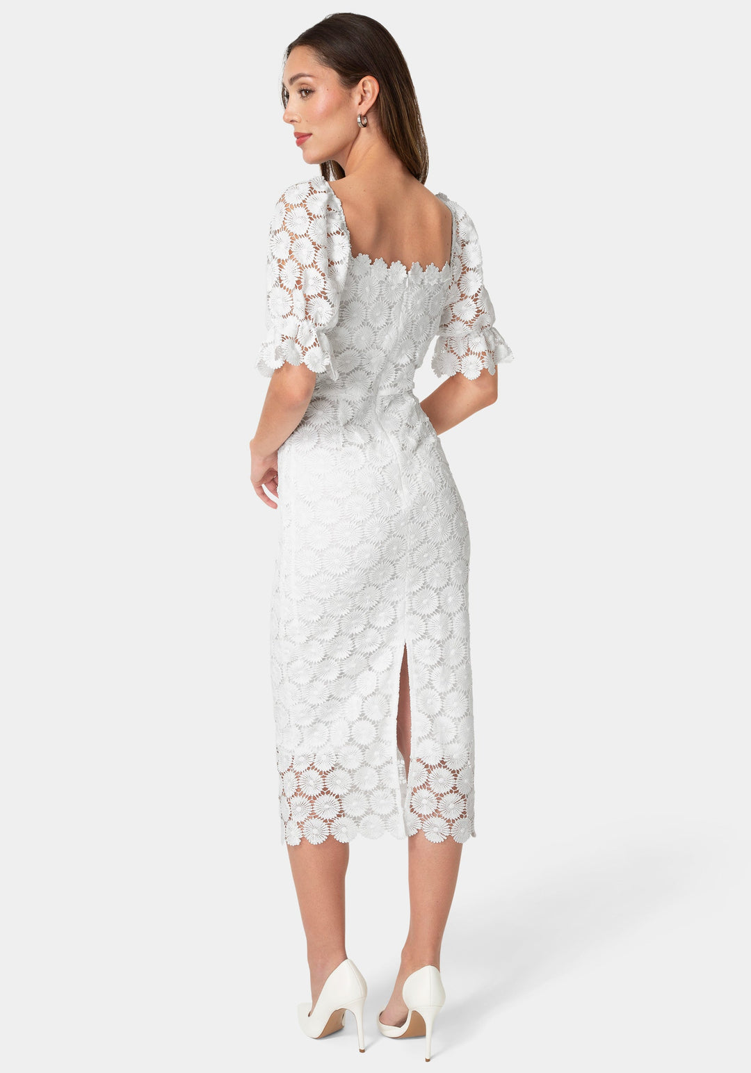 Back View-Eyelet Elbow Sleeve Midi Dress-Ivory