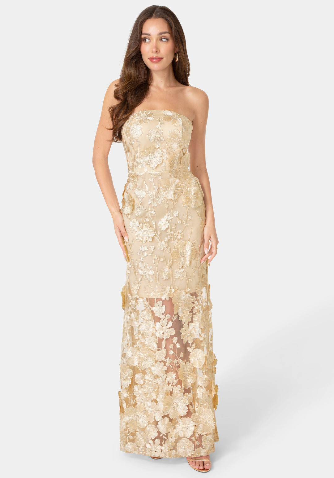 Front View-Strapless Embroidery Maxi Dress-Nude/Gold