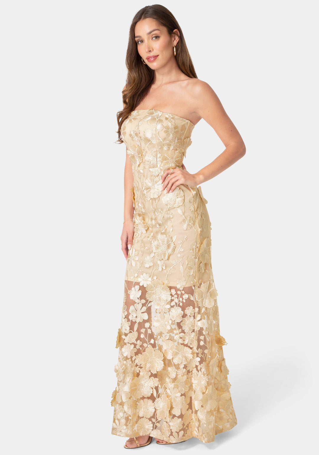 Side View-Strapless Embroidery Maxi Dress-Nude/Gold