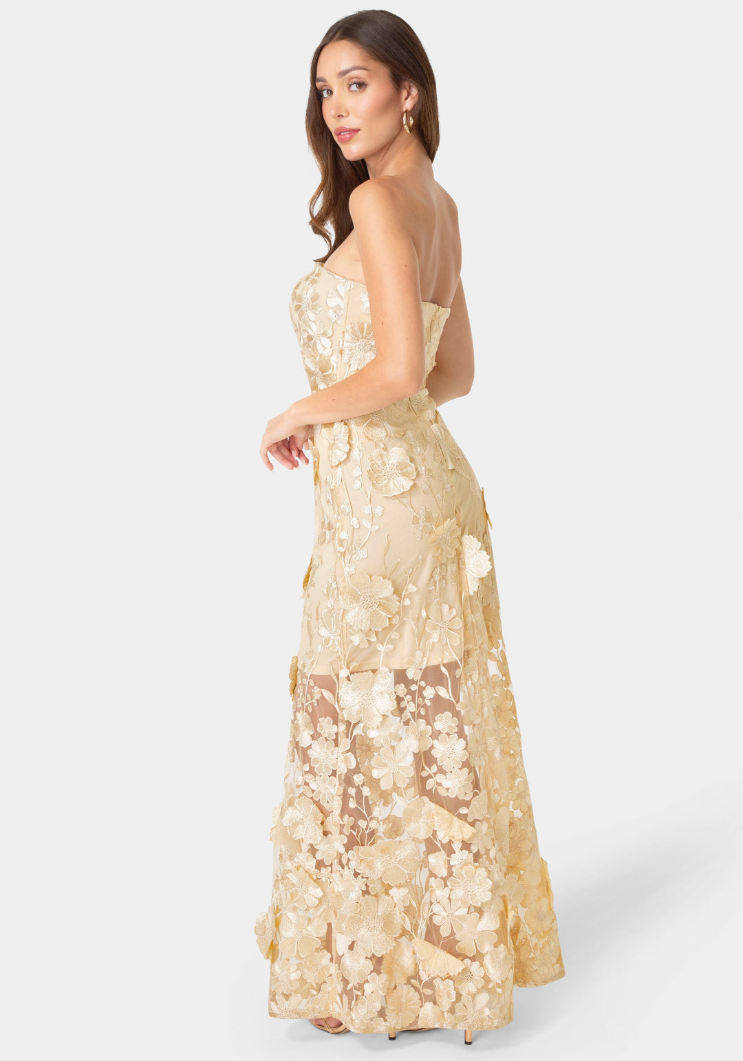 Back View-Strapless Embroidery Maxi Dress-Nude/Gold