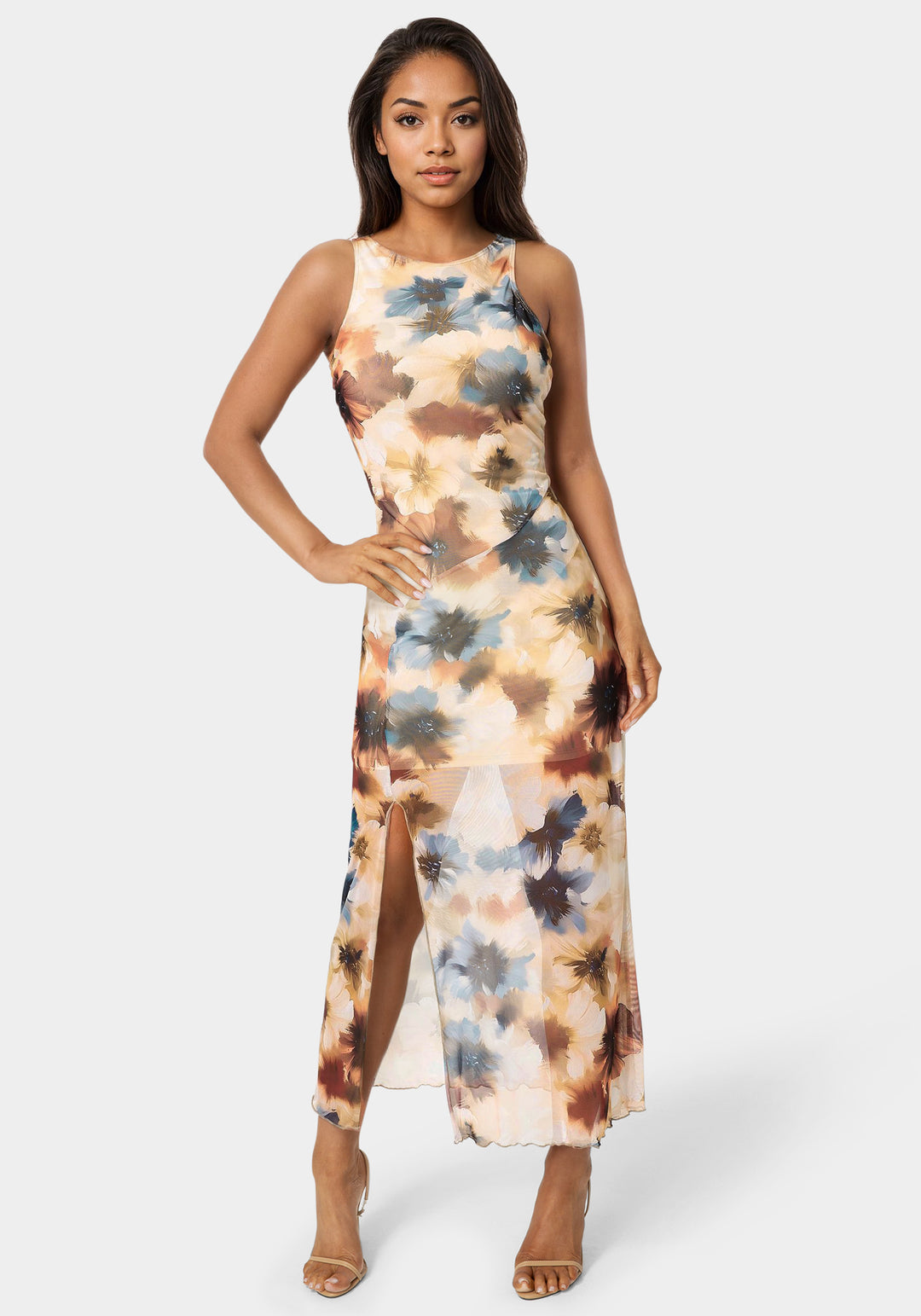 shirred maxi dress Bebe Women's Printed Powermesh Side Shirred Maxi Dress, Size Medium in BLUE/TAN Spandex