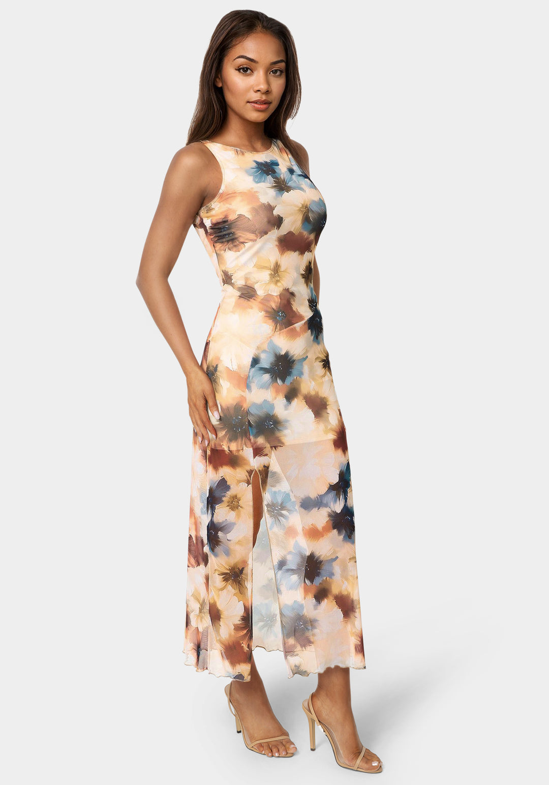 Side View-Printed Powermesh Side Shirred Maxi Dress-Blue/Tan