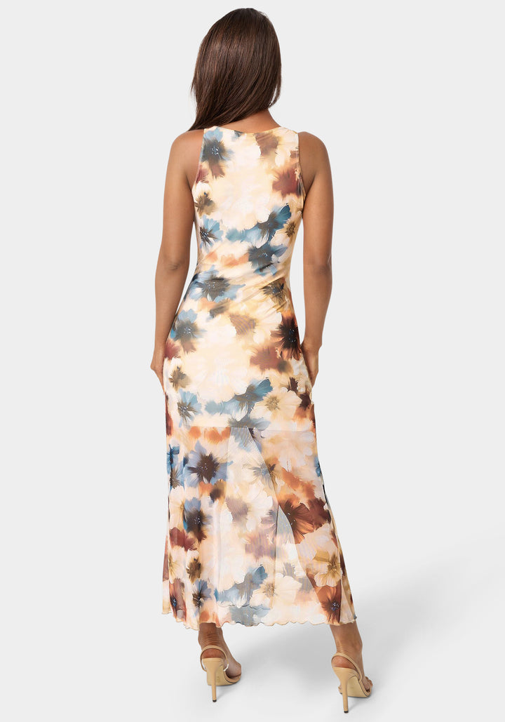 Back View-Printed Powermesh Side Shirred Maxi Dress-Blue/Tan