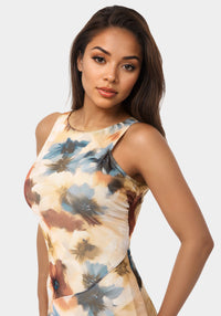 Other View-Printed Powermesh Side Shirred Maxi Dress-Blue/Tan