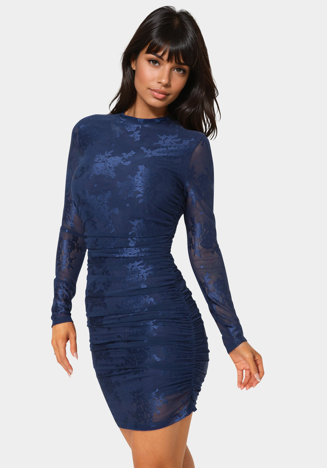 Side View-Jacquard Mesh Long Sleeve Shirred Dress-NAVY