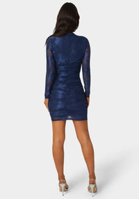 Back View-Jacquard Mesh Long Sleeve Shirred Dress-NAVY