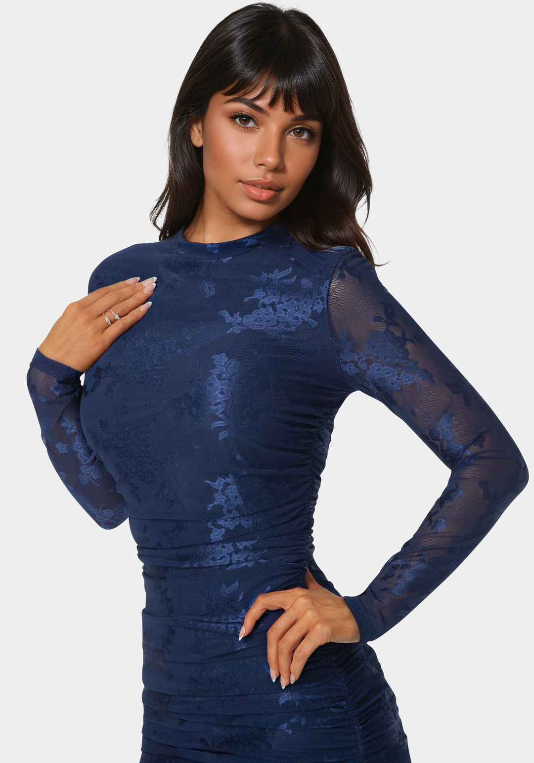 Other View-Jacquard Mesh Long Sleeve Shirred Dress-NAVY