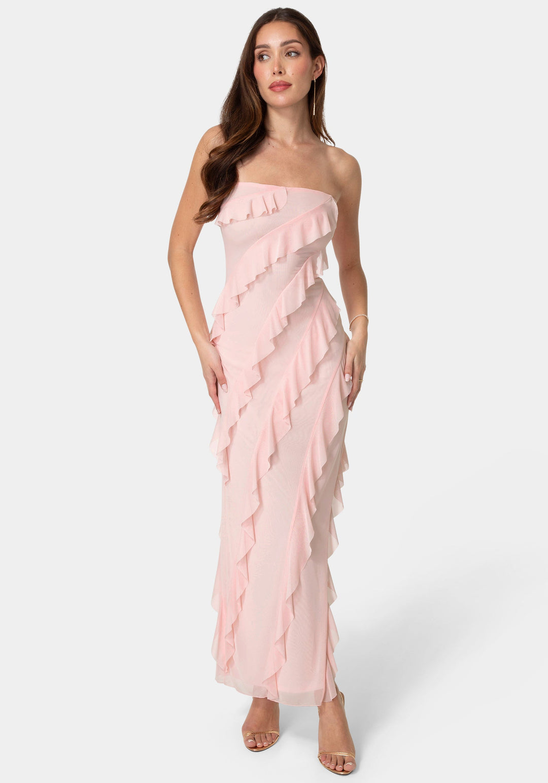 Bebe Women's Strapless Mesh Ruffle Maxi Dress, Size Medium in Pink Spandex Bebe Women's Strapless Mesh Ruffle Maxi Dress, Size Medium in Pink Spandex