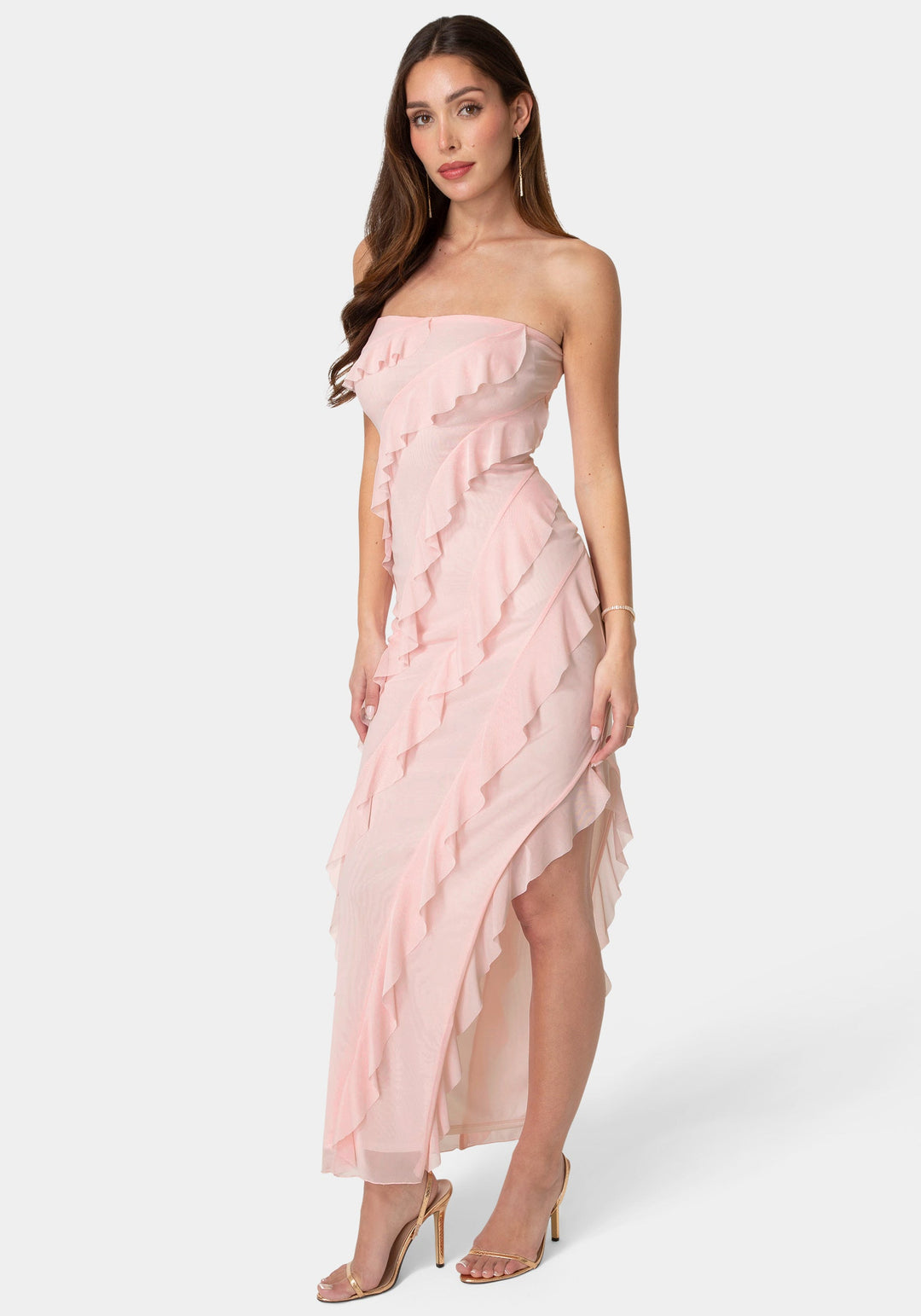 Side View-Strapless Mesh Ruffle Maxi Dress-Blush