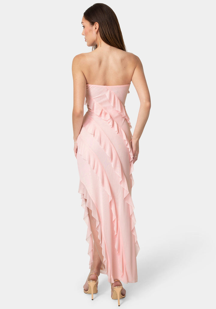 Back View-Strapless Mesh Ruffle Maxi Dress-Blush