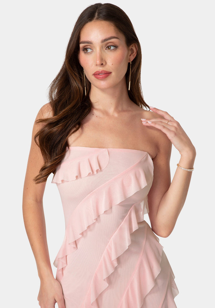 Other View-Strapless Mesh Ruffle Maxi Dress-Blush