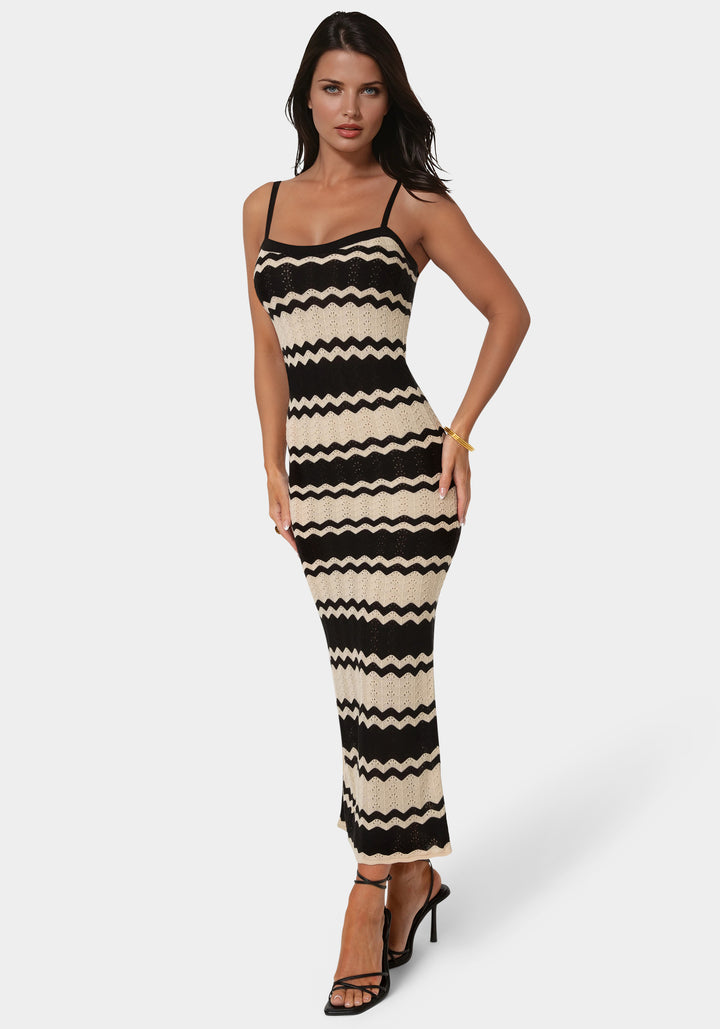 Front View-Stripe Crochet Keyhole Maxi Dress-Black/Cream